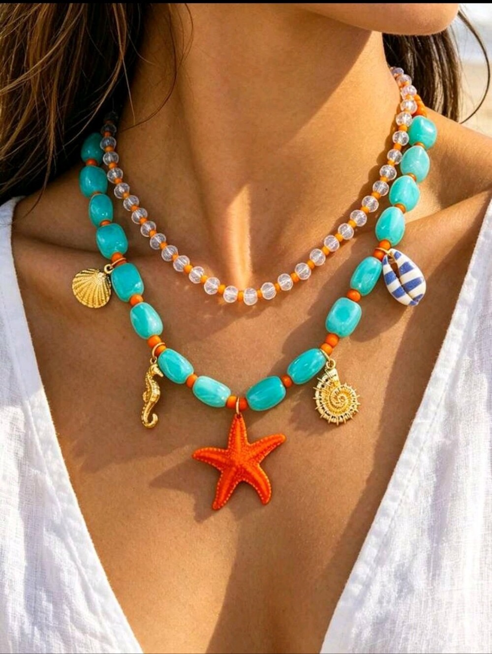 BRAND NEW ** Turquoise & Orange Starfish Charm Layered Necklace